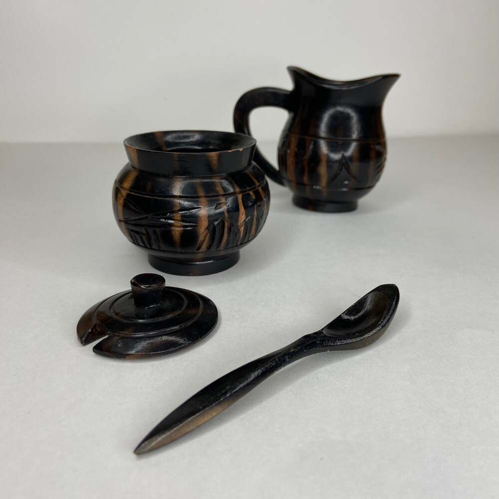 Vintage Wooden Handcarved Cream & Sugar Dishes - Picture 5 of 6
